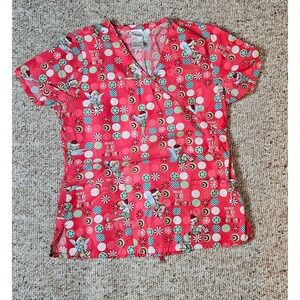 Disney Tinker Bell Christmas Scrub Top Red Mock Wrap Holiday More Nice Naughty S